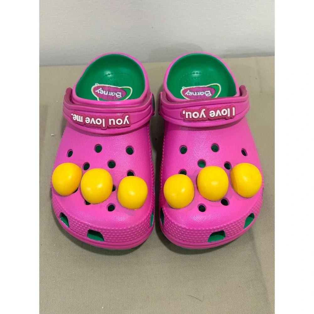 Crocs Barney the Dinosaur Pink Green Clogs Kids Size C13 I Love You You Love Me